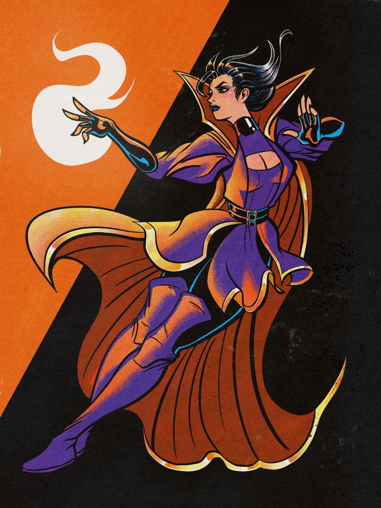 Inan the Sorceress Supreme of marvel comic’s ultimate black panther in a retro pinup style casting a magic fire spell 