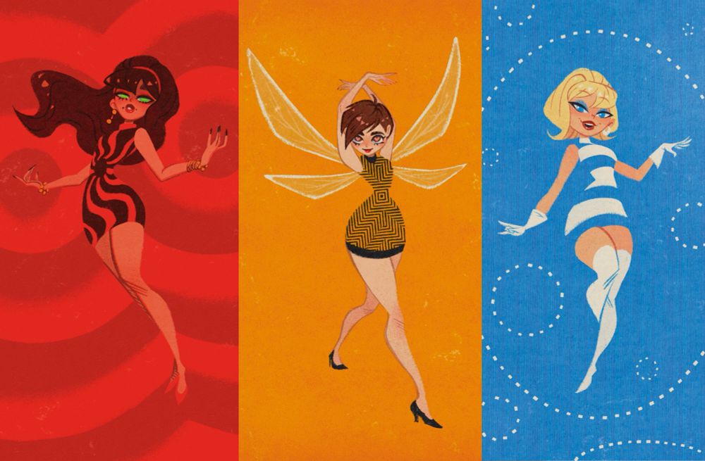 scarlet witch and the wasp and the invisible woman of marvel comics in a midcentury modern inspired retro pinup cartoon style 