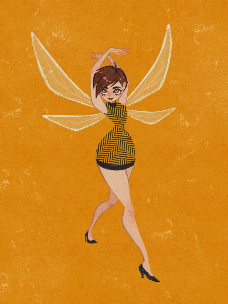 janet van dyne aka the wasp of marvel comics avengers in a midcentury modern pinup retro cartoon style against a bright honey gold background wearing an optical illusion dress 