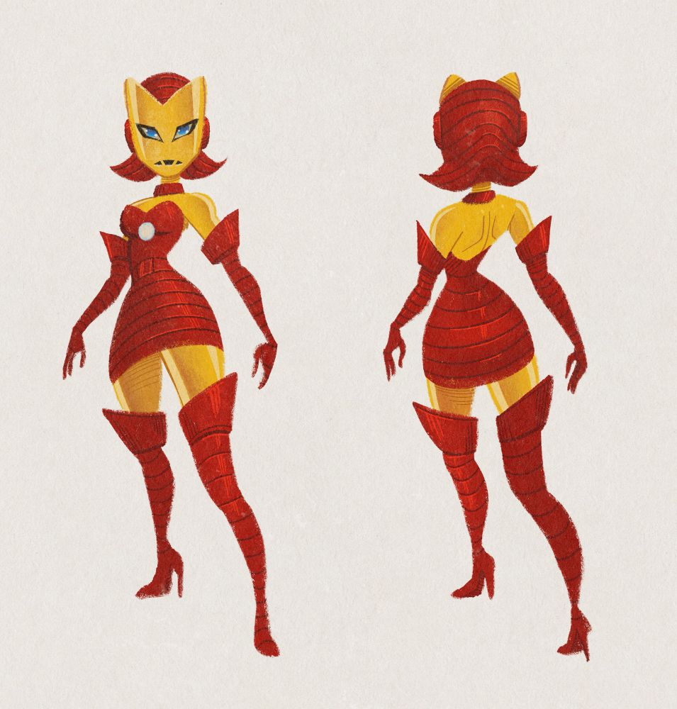 iron man aka Tony stark from marvel comics as a woman in full armour in a retro midcentury modern inspired cartoon pinup style wearing an exaggerated feminised version of the model 3 armour