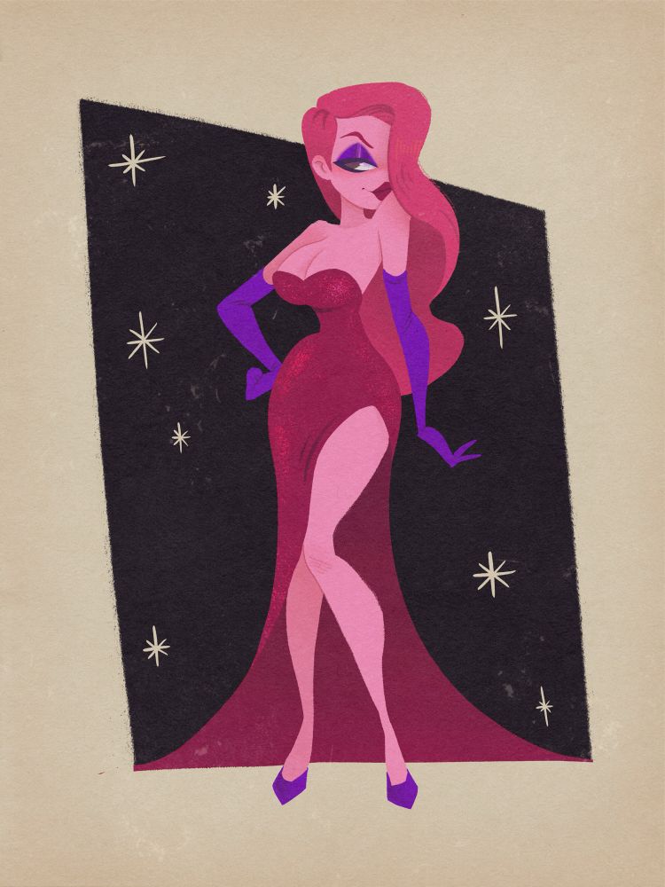 Jessica Rabbit in a cartoon pinup midcentury modern inspired retro style posing against a black background with stars