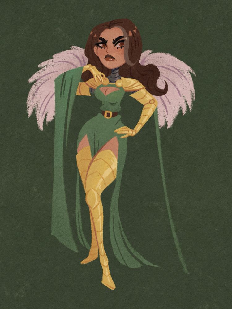 Doctor Doom of marvel comics genderbend in a midcentury modern inspired retro cartoon pinup style posting against a green background designed by starbryte aka Sabrina who is so cool