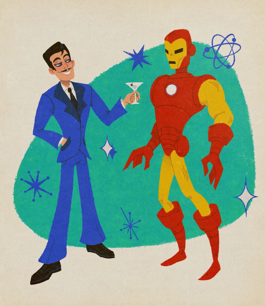 iron man aka Tony stark of marvel comics in a midcentury modern inspired cartoon style in his silver age civilian look and Bronze Age model 4 armour