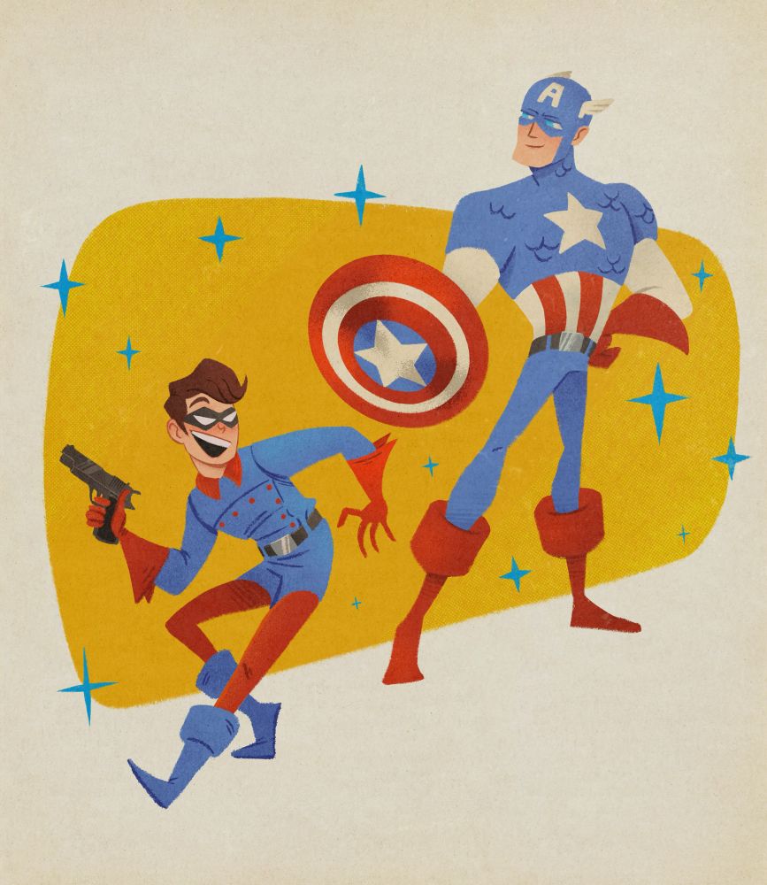 Captain America and Bucky Barnes of marvel comics in a midcentury modern inspired retro cartoon style against a golden shape where Steve Rogers is posing upright and proudly with the shield and Bucky looks like a little gremlin creature wielding a gun he is far too young to have 