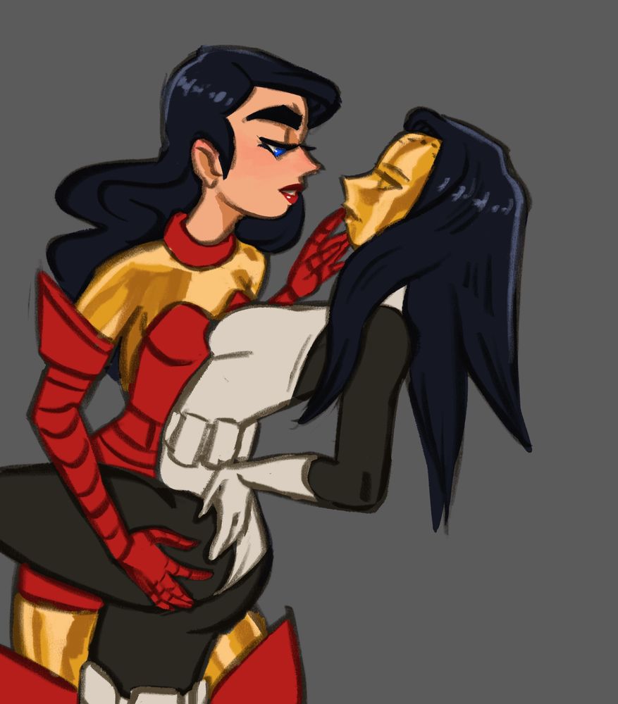 iron man as a woman holding Madame masque touching the lips on her faceplate with her own helmet off dipping her backwards with a hand on her ass 