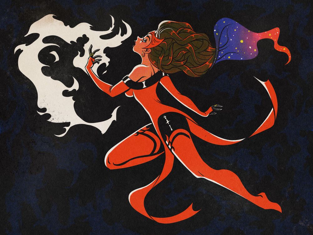 scarlet witch of marvel comics in a retro pinup comic style 