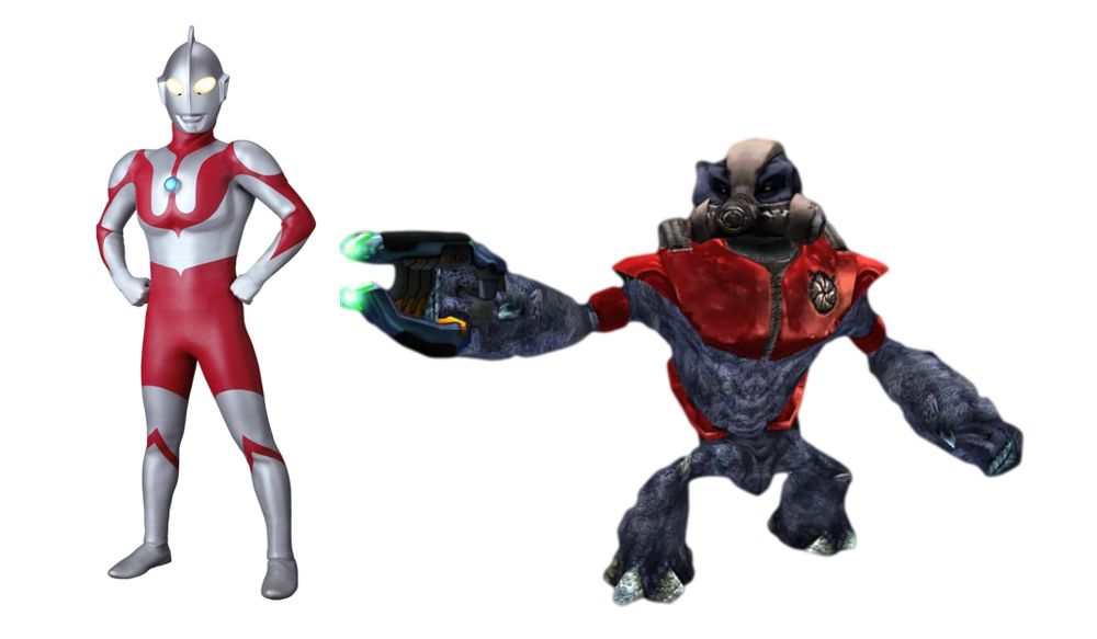 Two fictional characters in a white void. On the left: Ultraman. On the right: a Covenant Grunt from Halo: Combat Evolved.