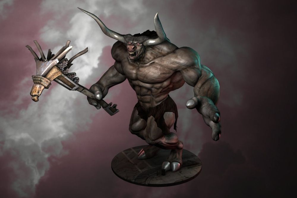 A building-sized minotaur beast model, with enormous horns protruding from its head. It's body is bulky and muscular. An angry expression on its face. It holds a chunk of debris from a building, shaped like a melee weapon. The creature was designed to look like something straight out of a Ray Harryhausen movie. This angle of the image is from the front of the beast.