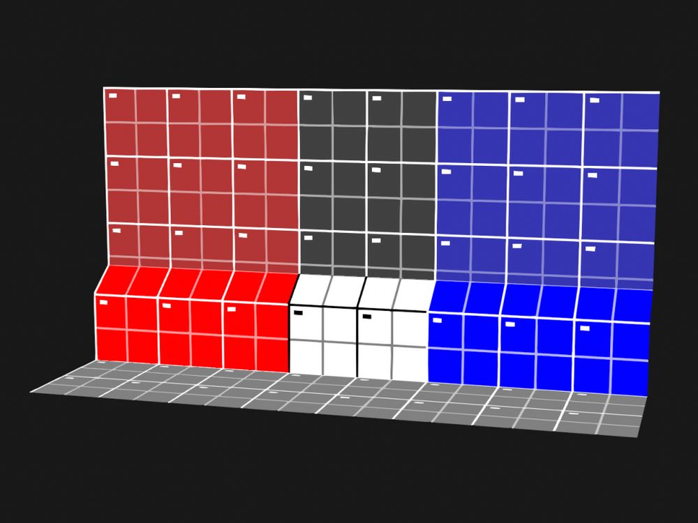 From left to white: Red, blue, white and dark grey textures on a corridor's walls. A lighter grey texture covers the floor. The colours are set up in a way to show how they could be used in a multiplayer map with teams, like capture the flag.