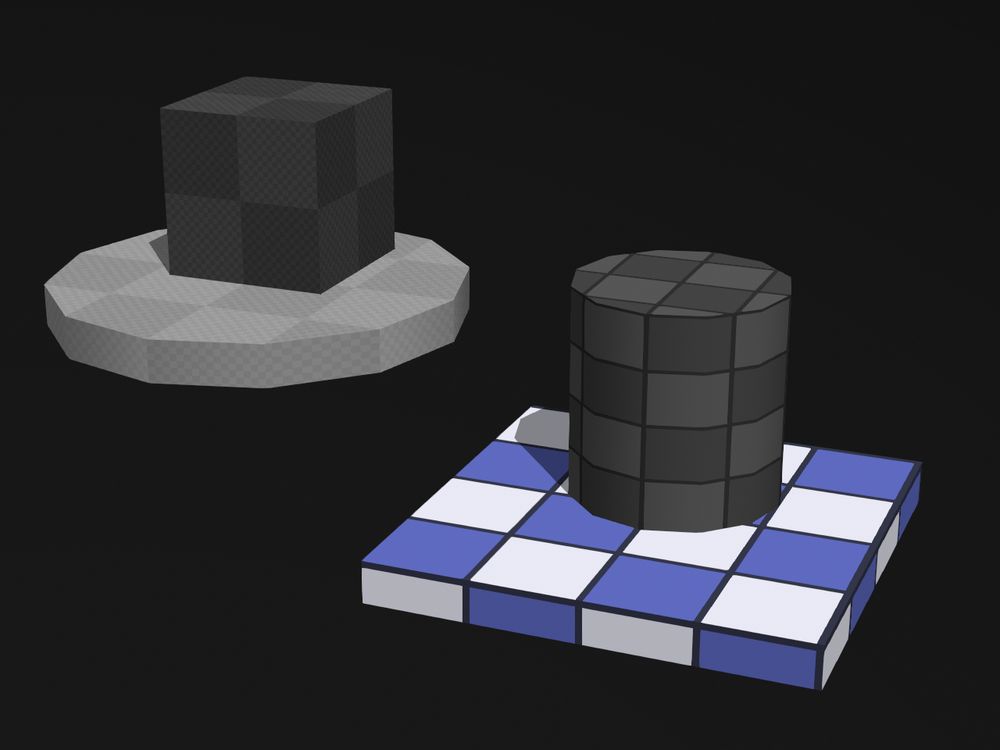 A dark grey checkered box sits atop alight grey checkered low poly cylinder platform. A dark grey checkered cylinder sits atop s blue-and-white checker cuboid platform. The latter two have less detail density than the former.