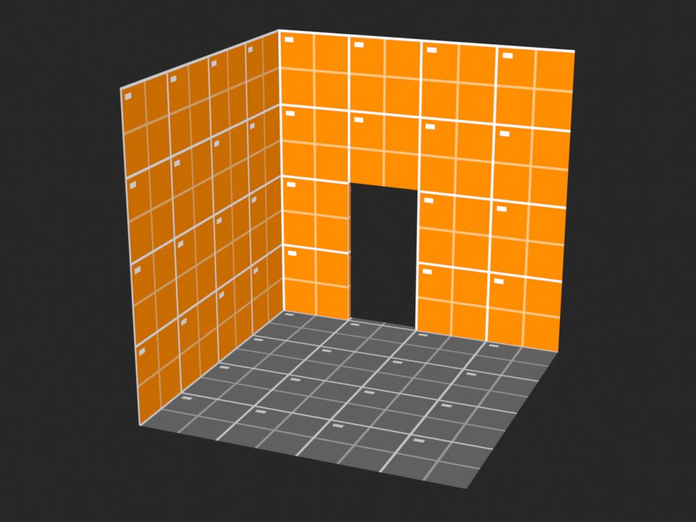 32-by-32 pixel orange walls and a grey floor grid textures on a small room diorama. A narrow doorway sits on the northern wall of the interior. The textures also have white grids on them.