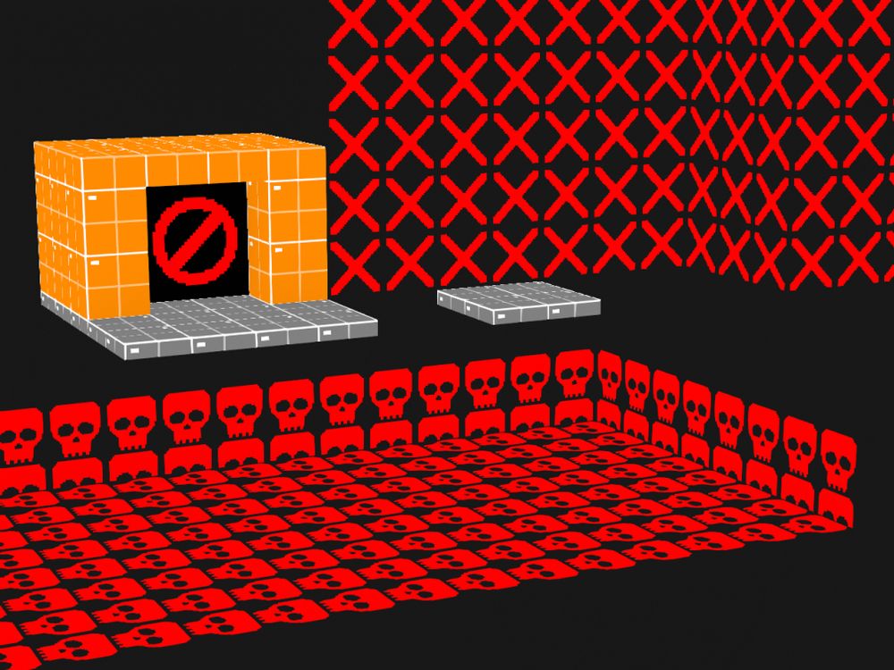 A floating orange island surrounded by floating red skulls and X crosses. A big NO sign hovers in the exit of the floating island.