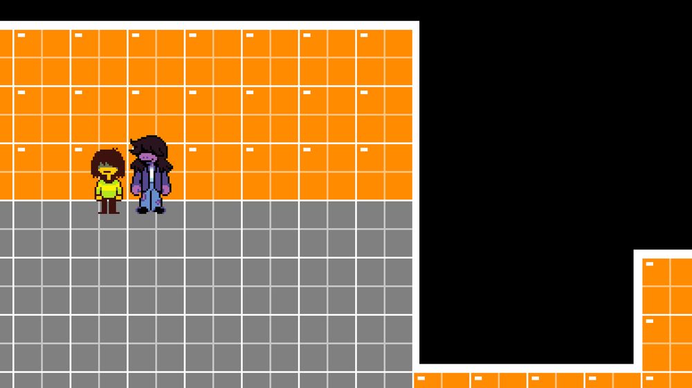 Kris and Susie from Deltarune, in their light world forms, standing in front of an orange grid wall, on grey grid floor, similar to how Source engine games look in the Hammer Editor.