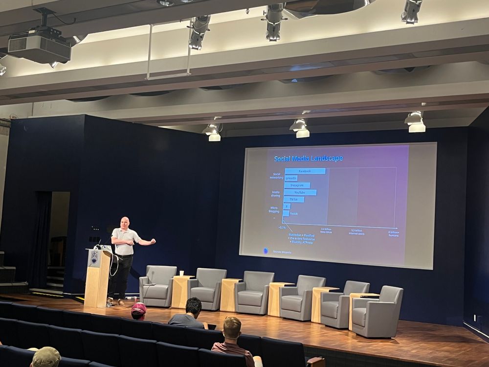 Johannes Ernst providing a framework for thinking about going from Millions to Billions

Slide is Social Media Landscape and shows lots of big closed platforms