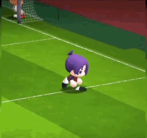 a little girl with purple hair is playing soccer on a field