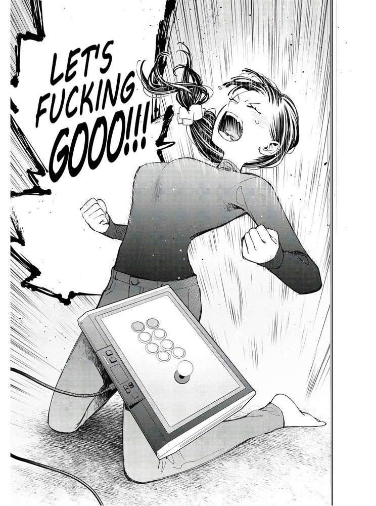 A panel from the manga GGWP ~Young Ladies Don't Play Fighting Games~ of the character Aya popping off after winning a match, screaming "LET'S FUCKING GOOO!!!"
