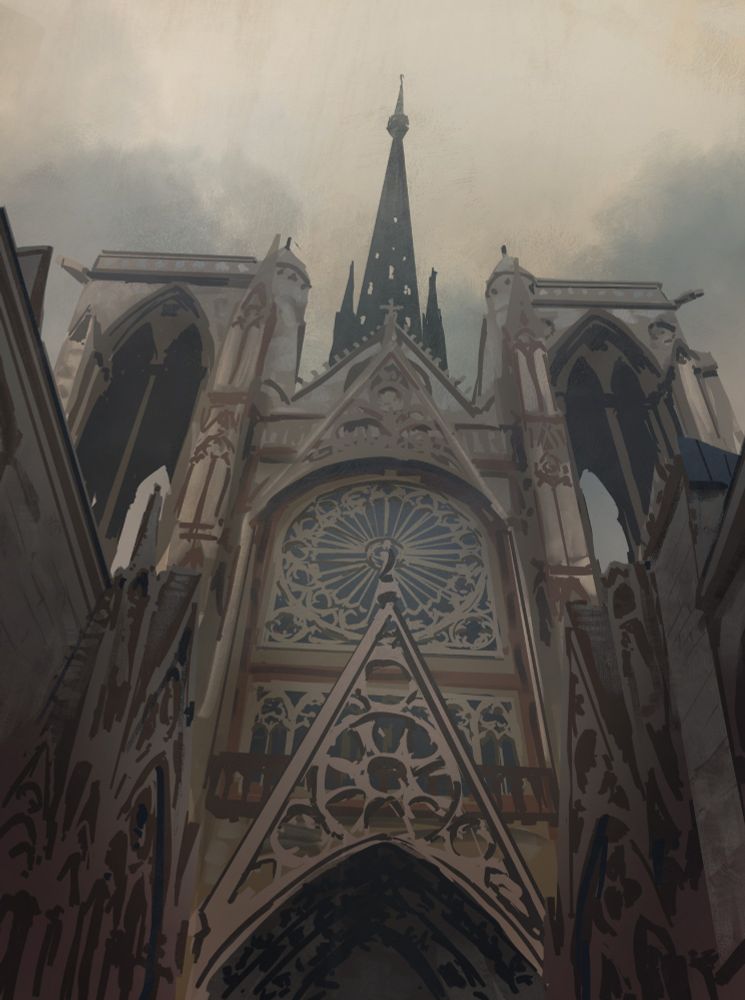 A digital painting of Rouen's gothic cathedral northern portal in a hazy atmosphere