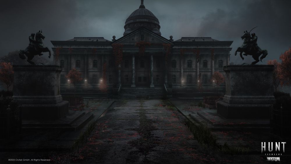 A concept of a derelict federal building under a heavy sky, framed by statues