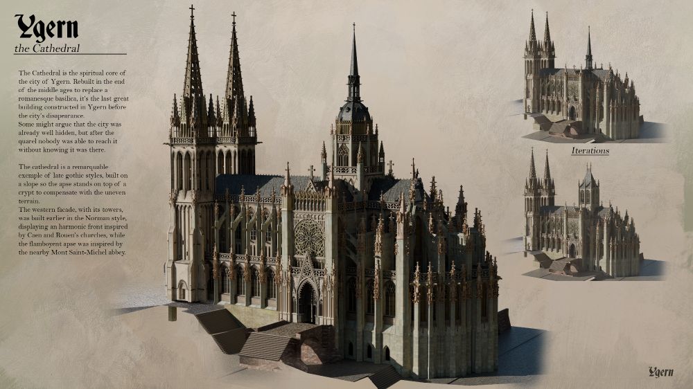 callout sheet featuring a side view of a gothic cathedral, as well as 2 design variations of the same building