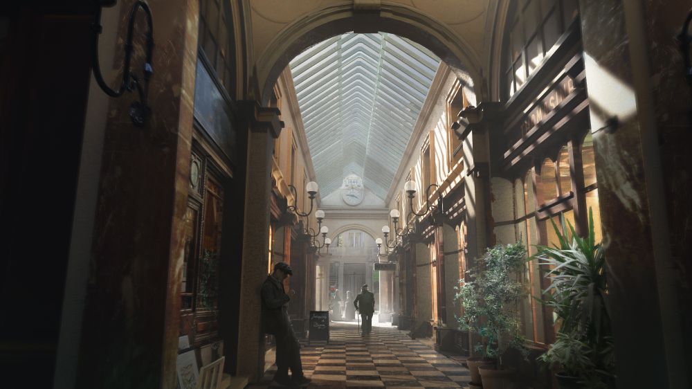 a parisian arcade lit by sunlight, a few people walking inside