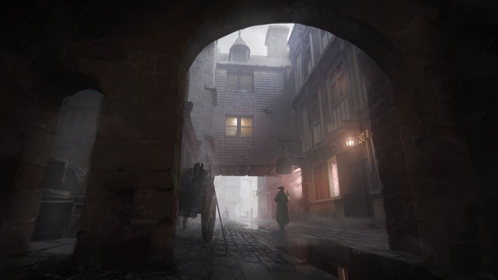 a medieval street in a foggy light, with some light reflecting in water puddles on the pavement