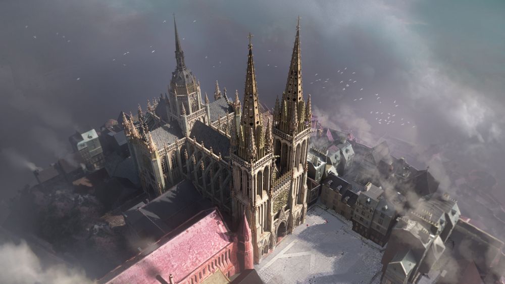 An aerial view of a gothic cathedral surrounded by fog