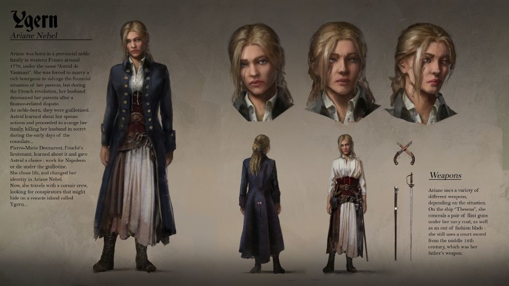 A character sheet of the same character as the two previous images, a blonde woman called Ariane Nehel. On the right side, there's three variations of her expression. On the left side, there's the character in late 18th century/early 19th century sailor's clothes, as well as a variation without the coat on the bottom, and her weapons with a description.
The text reads : " Ariane was born in a provincial noble family in western France around 1770, under the name “Astrid de Vaumant”. She was forced to marry a rich bourgeois to salvage the financial situation of her parents, but during the French revolution, her husband denounced her parents after a finance-related dispute.
As noble-born, they were guillotined.
Astrid learned about her spouse actions and proceeded to avange her family, killing her husband in secret during the early days of the consulate... Pierre-Marie Desmarest, Fouché’s lieutenant, learned about it and gave Astrid a choice : work for Napoleon or die under the guillotine. She chose life, and changed her identity in Ariane Nehel.Now, she travels with a corsair crew, looking for conspirators that might hide on a remote island called Ygern..."
And the text above the weapons : "Ariane uses a variety of different weapons, depending on the situation. 
On the ship “Theseus”, she conceals a pair of flint guns under her navy coat, as well as an out of fashion blade : she still uses a court sword from the middle 18th century, which was her father's weapon. "