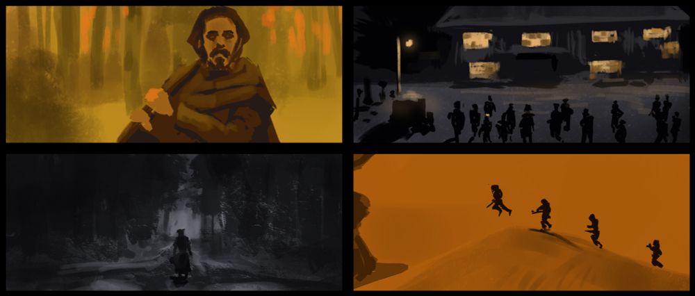 A grid composition of 4 digital painting reproducing movie frames.
From left to right, top to bottom :
1- The Green Knight - The main character staring at the camera, in the middle of a forest, all lit in a yellow tint.
2- Sinners - A group of character surround a wooden building by night, lit from the inside, overhead shot.
3- Nosferatu - a character is alone on a road in the middle of a dimly lit, snowy forest.
4- Dune part 2 - In an all orange image, 4 soldiers in futuristic armors are escalading a dune, the top one starts to fly as if there's no gravity