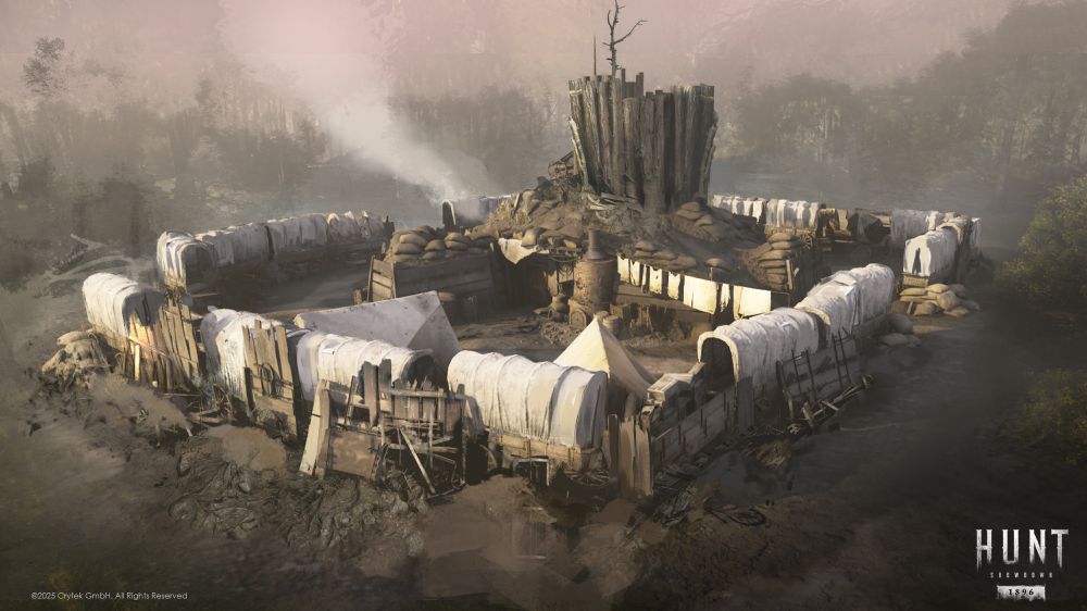 A concept of a fortified circle of wagons surrounding a moat with a makeshift watchtower, in the middle of a bayou forest filled with mist