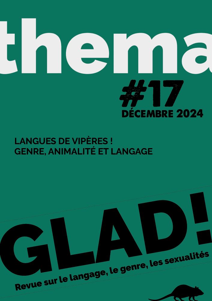 couverture du numéro thématique #17 Décembre 2024 GLAD! intitulé "Langues de vipères ! Genre, animalité et langage". Le texte est noir sur fond vert foncé, une silhouette de rat en bas à droite de l'image.