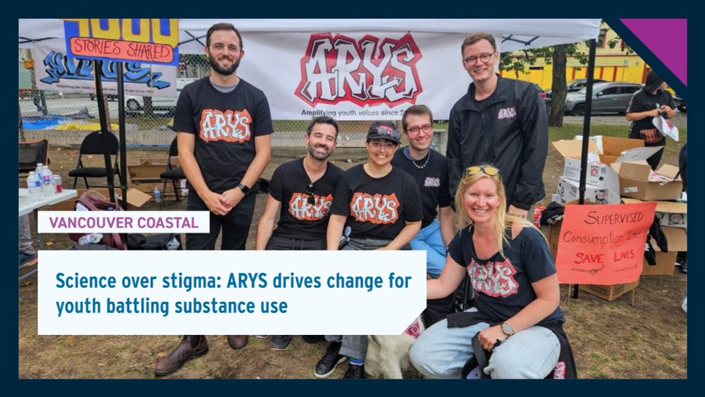 Dr. Kora DeBeck (bottom right) with the At-Risk Youth Study (ARYS) team (LtoR): Trevor Goodyear, Shane Haggerty, Michelle Bridgeman, Christian Barborini, Cameron Eekhoudt, and dog Juno. Text reads: " Science over stigma: ARYS drives change for youth battling substance use"