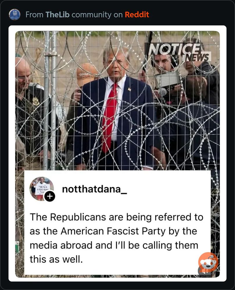 Picture showing trump behind barber wire. Text reads “the republicans are being referred to as the American Fascist Party by the media abroad and I’ll be calling them this as well”
