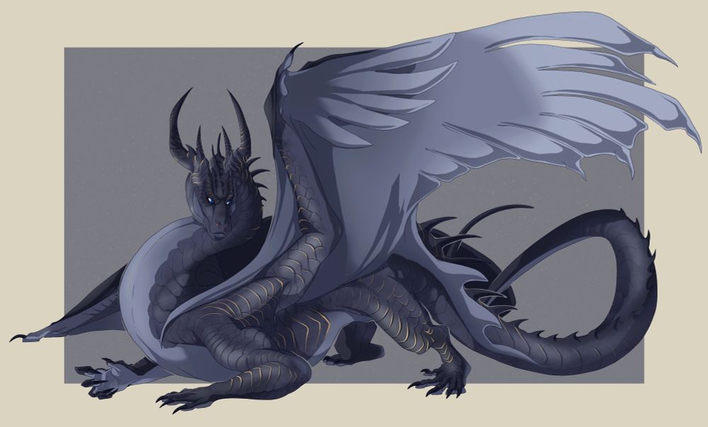 A silver dragon with gold highlights on his scales posing with a wing up.