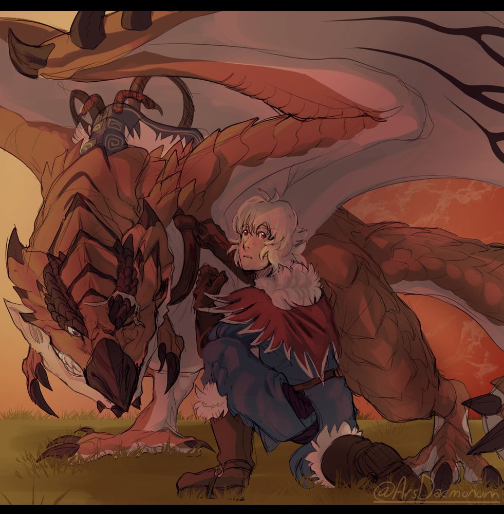 A human in rider gear from Monster Hunter Stories adjusts the sadle of a Rathalos.