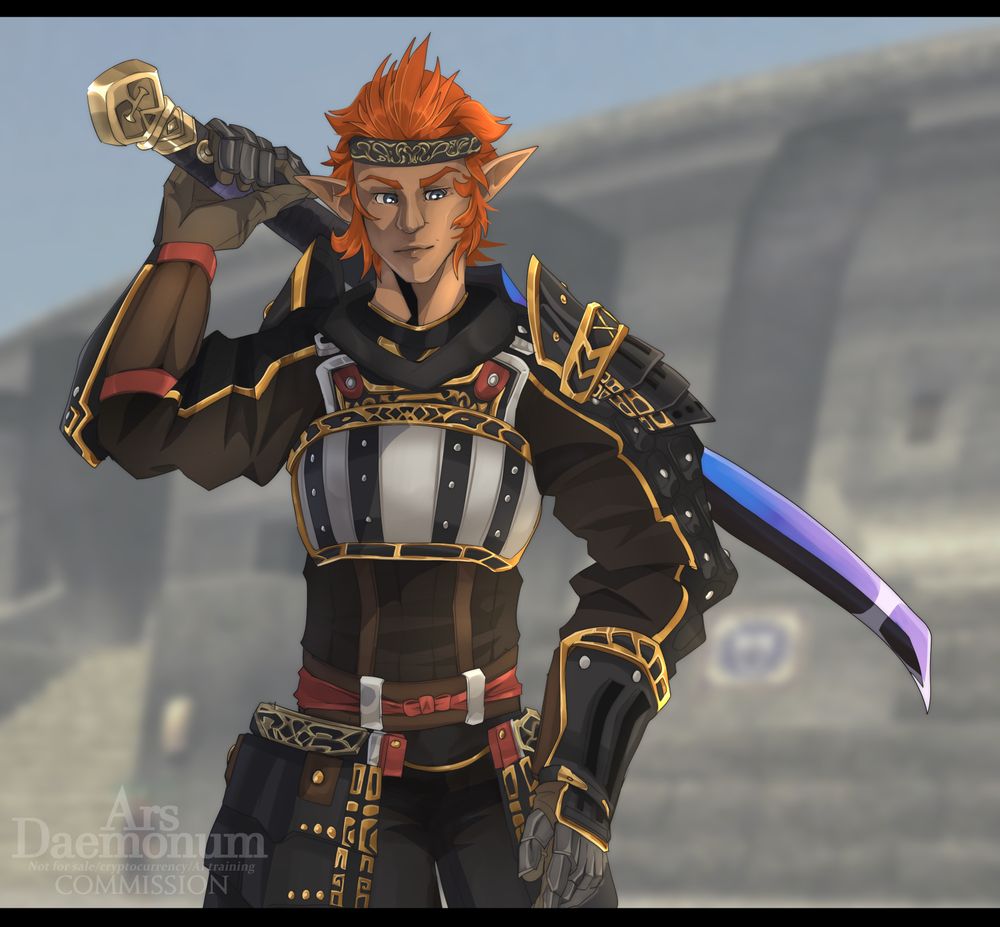 An Elvaan garbed in Samurai AF gear from Final Fantasy XI holding Masamune, in front of a screenshot of Bastok.