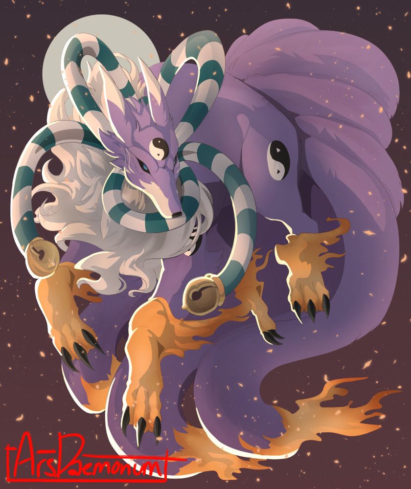 The Digimon Youkomon, a violet nine-tailed fox with a ribbon around her neck ending in gold bells. Her paws and tail tips are on fire.