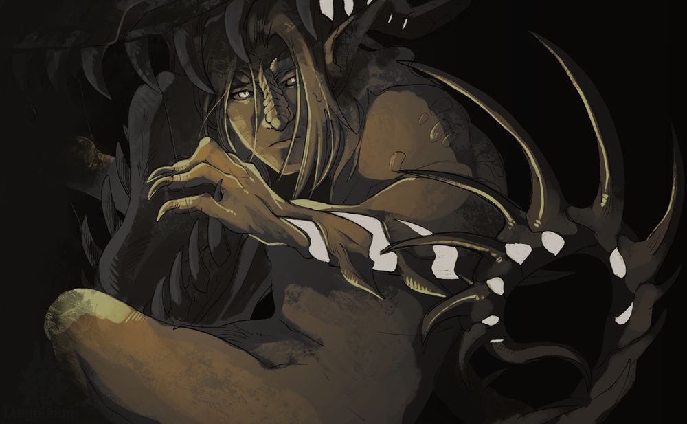 A part-demoon man curled in on himself, a demon's maw biting down on his head. 
