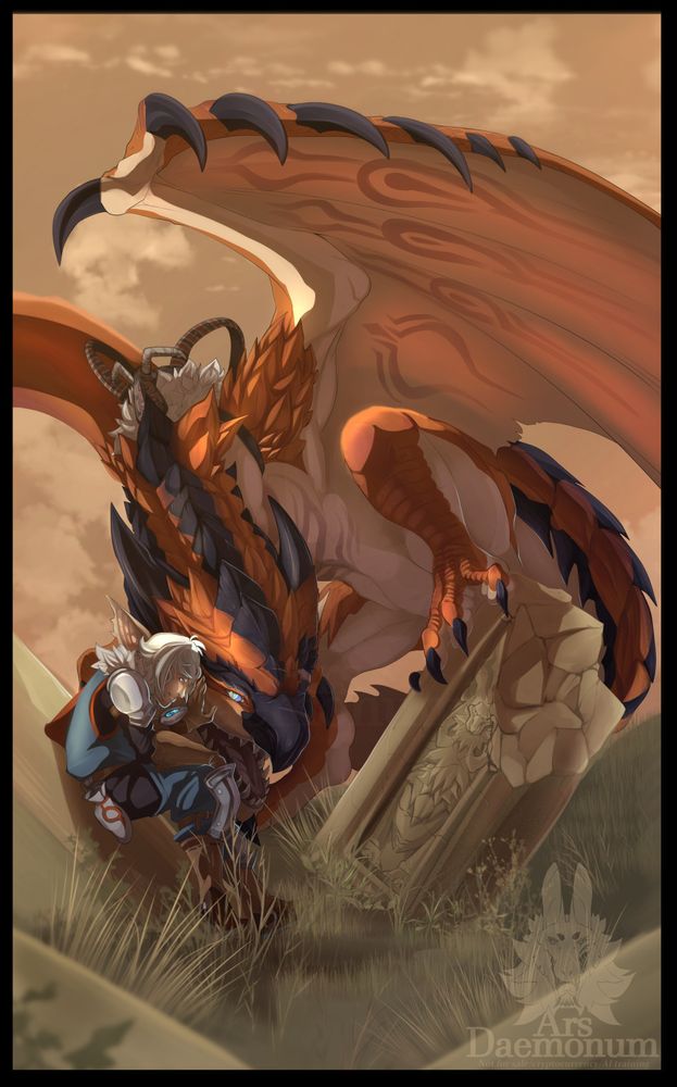 A man dressed in rider gear from Monster Hunter Stories 1, gently placing his hand on a Rathalos's head. The Rathalos is wearing a saddle, he's leaning into the gesture. One of the Rathalos's legs is resting up on a pillar that has an old, weathered carving of Versa Pietru on it.
