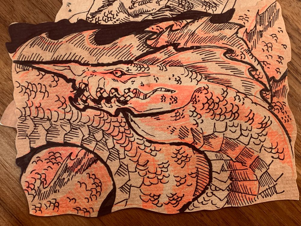 A traditional ink drawing of a pointy-nosed sea serpent. 