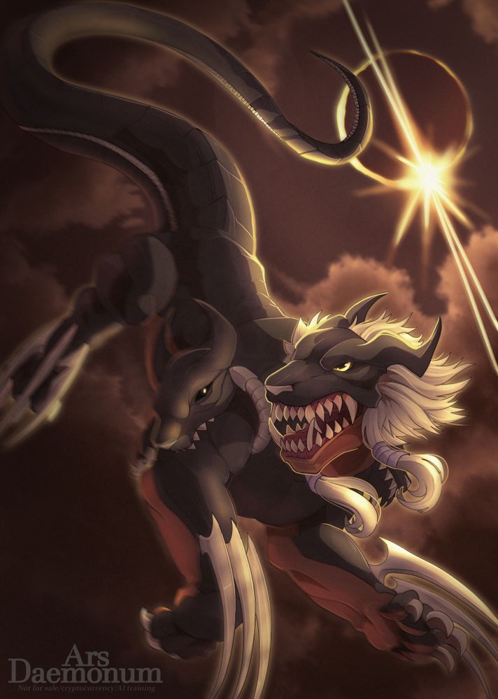 The Digimon Cerberumon leaping across the sky, a solar eclipse in the background.