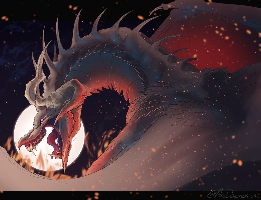 A pale gold dragon roaring, highlighted by the moon behind him.