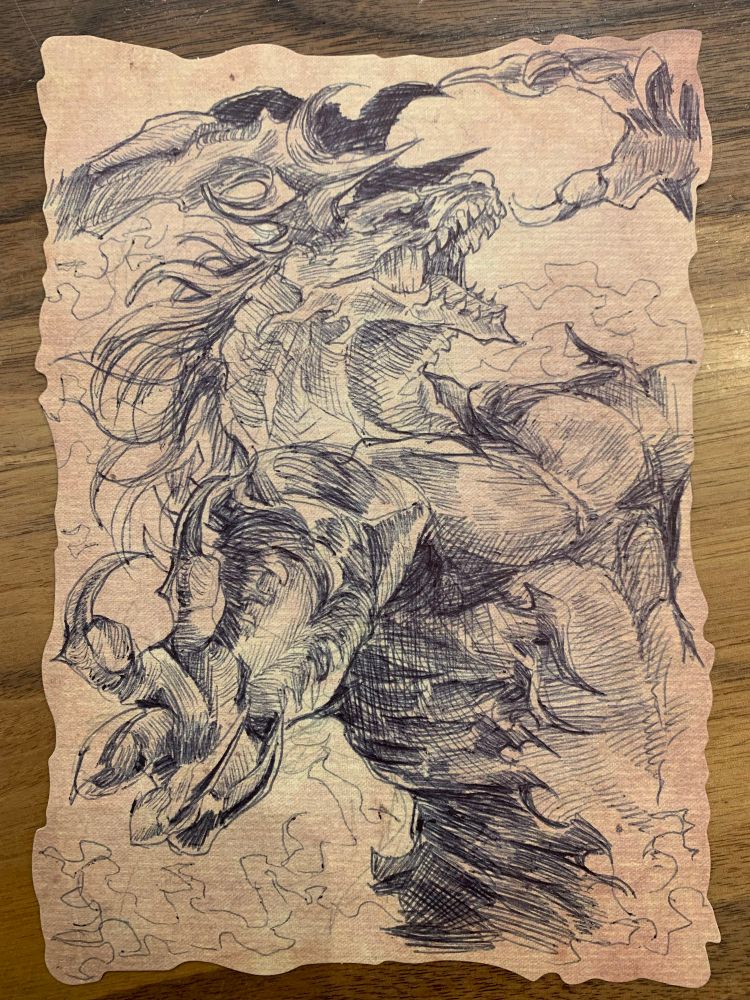A pen and ink illustration of Ifrit from FFXVI on mock parchment paper. He’s roaring.