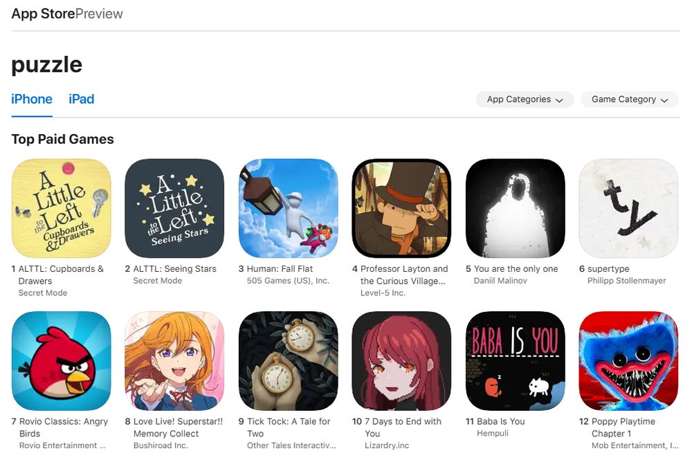 Screenshot of "top paid puzzle games" on the AppStore, showing A Little to the Left: Cupboards & Drawers at #1, and A Little to the Left: Seeing Stars #2