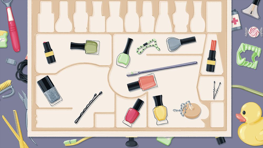 Screenshot of Bathroom drawer level from puzzle video game A Little to the Left. Drawer is open, with a tray that features space for a medley of objects that are scattered about, such as nail polish bottles, a rubber ducky, toothbrushes, razors, scissors, amongst other items.