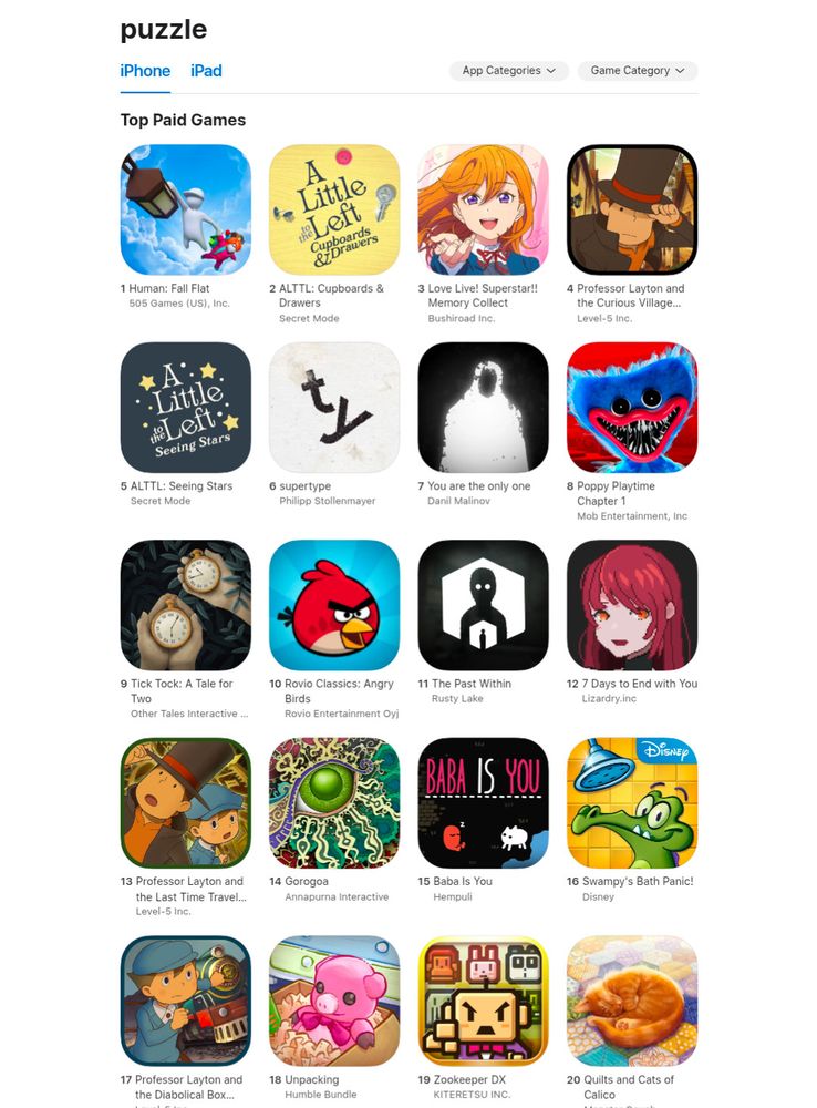 Screenshot of the "top paid puzzle apps" in the AppStore, showing A Little to the Left: Cupboards & Drawers at #2, and A Little to the Left: Seeing Stars at #5