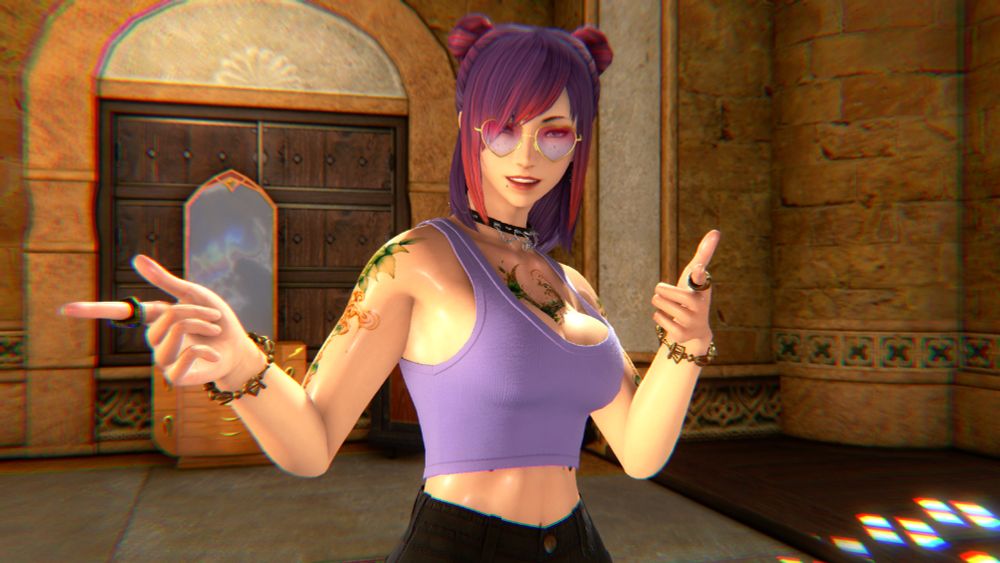 Miyuki, a Purple haired Midlander Hyur (human) from Final Fantasy 14 stands in the middle of an Inn Room in the Hourglass, flashing fingerguns and a grin. 