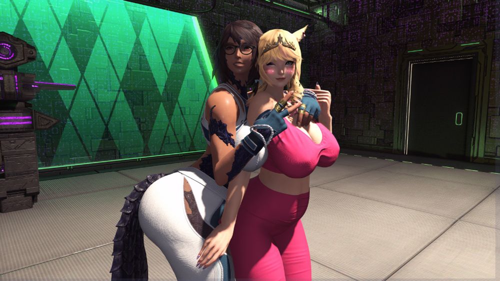 Emi & Shai pose again after a successful workout at Tritails Training. This time, Shai is standing behind Emi with an arm around her shoulder and flashing a peace sign, while Emi flashes a heart with her thumb and index finger while resting her hand against Shai's leg. Emi's cheeks are flushed with a light blush.

With their chemistry, who could ever stop the cutest tag team champions that the Arcadion has ever seen?