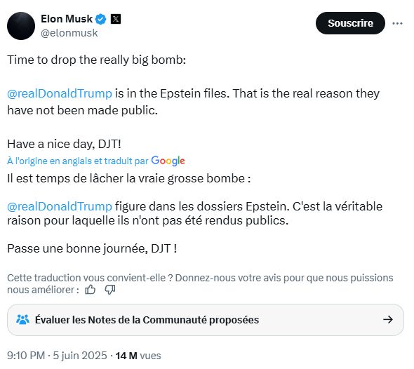 Tweet de Musk ou il explique que si dossier Epstein n'a pas été rendu public c'est car Trump apparaissait dedans