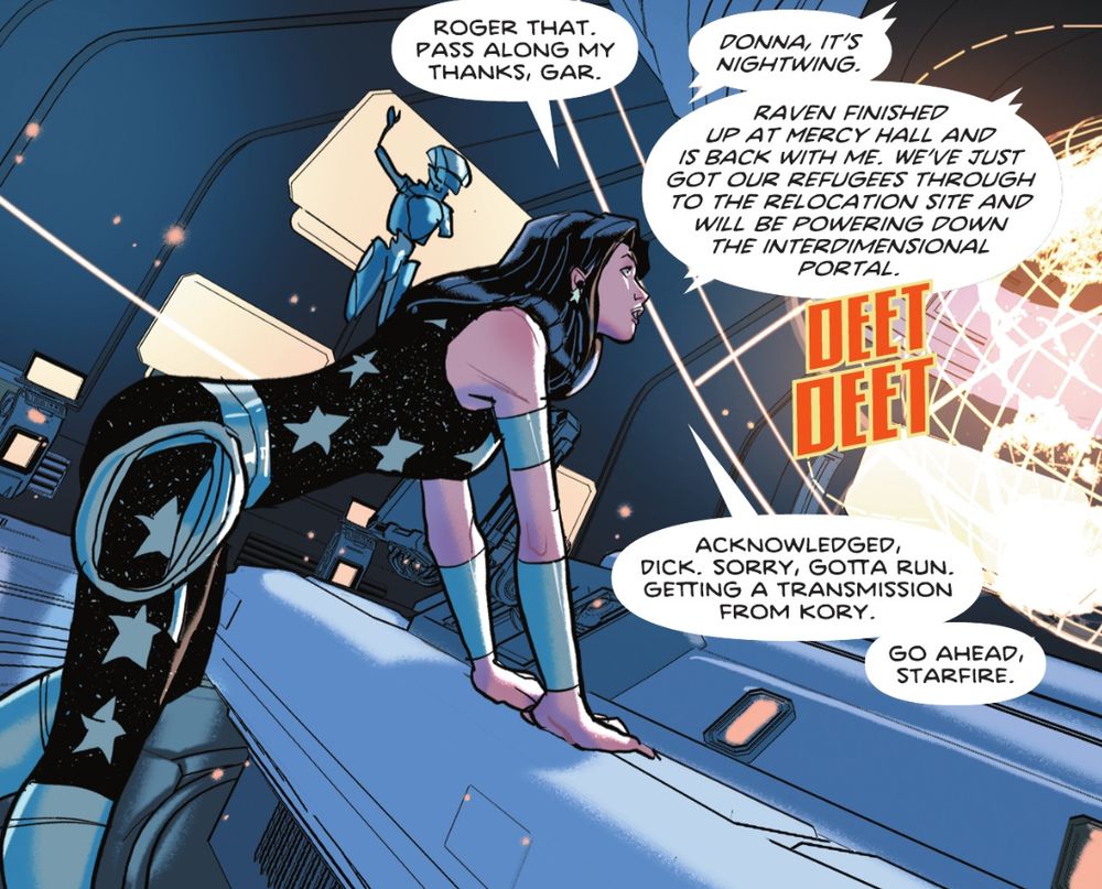 Donna Troy leans against a console with discussing evacuation plans. From Titans (2003) #28.