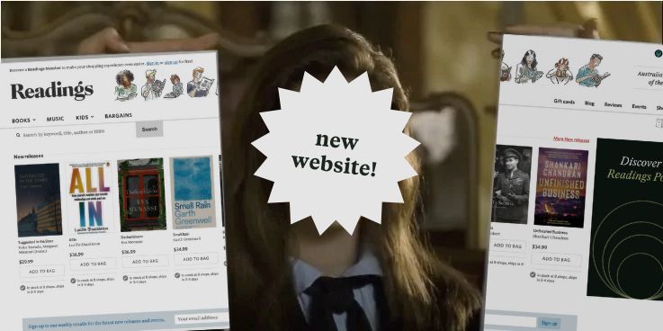 A screenshot of the moment in The Princess Diaries where two photos of "before" Mia are pulled apart to reveal "after" Mia, except the two photos are the old Readings Website, and Mia has a starburst over her face saying "new website!"